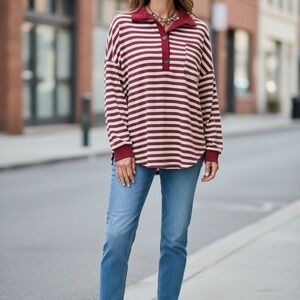 Women’s Oversized Red & Brown Striped Polo Shirt – Size Medium, NWOT Casual Knit